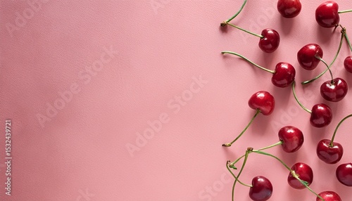 banner with pattern of red sweet cherry berries on pink background flat lay top view