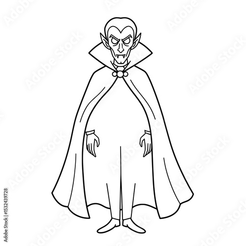 Monochrome portrait of a sinister vampire with a cape, sharp fangs, and elongated ears