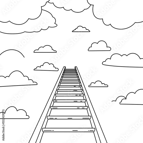 Stairway to Heavens black and white illustration with steps going up to clouds, drawing