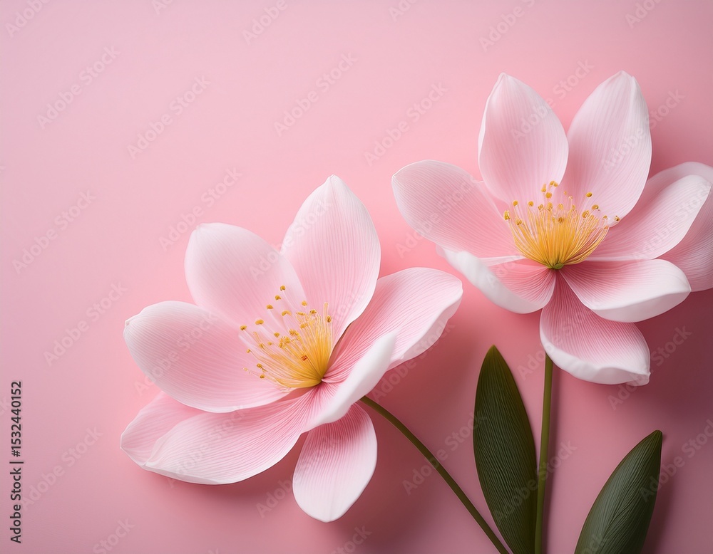 Obraz premium two spring flowers with delicate petals bloom on a soft pink background