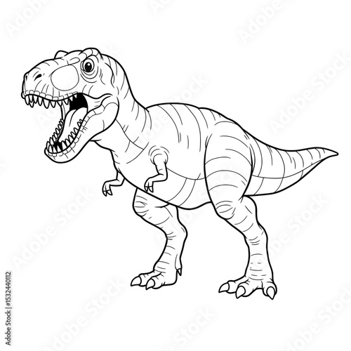 Black and white dinosaur outline with its mouth open and standing on its legs photo
