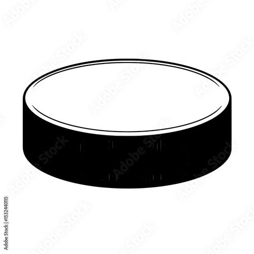 Black puck for ice hockey lies flat, showing rounded edges and a cylindrical shape
