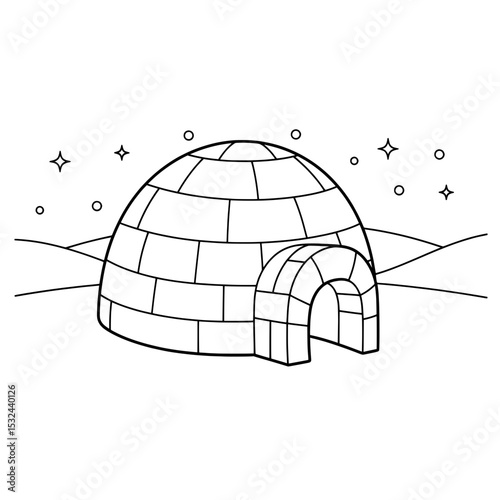 Igloo in snowy landscape, complete with starlit sky, outlined with simplicity