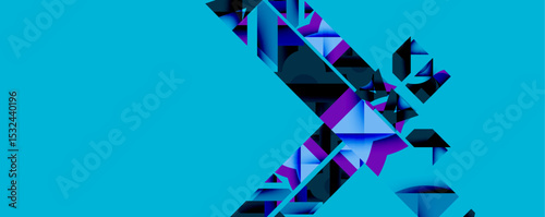 Abstract geometric design. Blue, purple shades create dynamic shape. Modern aesthetic, vibrant colors, digital illustration.