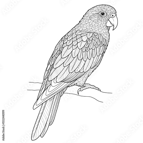 Line art of a parrot. feathers and plumage displayed with intricate lines and patterns
