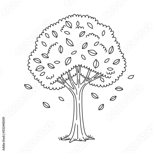 Line drawing of a tree with round, textured canopy and leaves falling in black and white