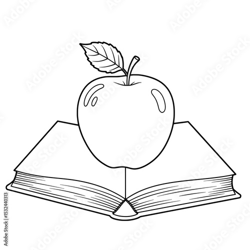A line drawing of an apple with a leaf and stem. An apple resting on two mountains