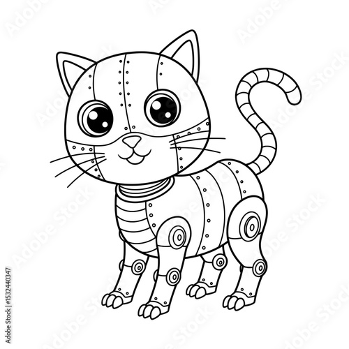 Robotic Cat A charming outline of a mechanical cat with big eyes, whiskers, and a segmented tail