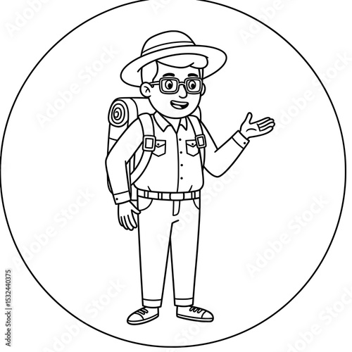 Explorer with hat and backpack. One hand is outstretched and the other is at its side
