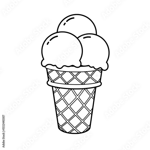 Black and white illustration of ice cream cone with three scoops of ice cream