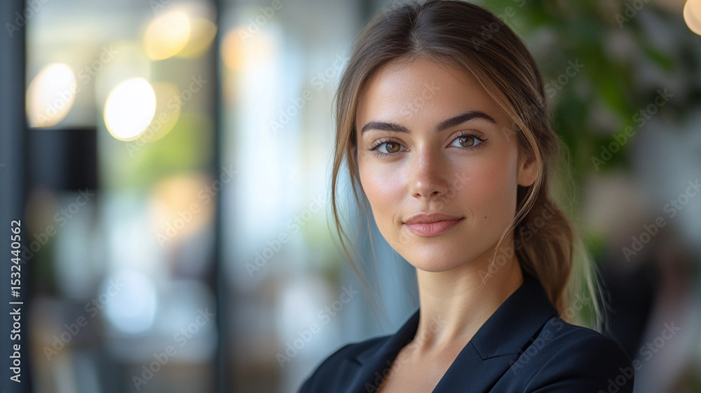 Confident Woman with Long Hair Dressed in Elegant Black Suit Posing in Professional Business Setting Confident Woman with Long Hair Dressed in Elegant Black Suit Posing in Professional Business Setting