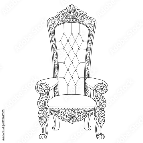Ornate Throne Detailed line art of a high-backed throne with buttoned back and armrests