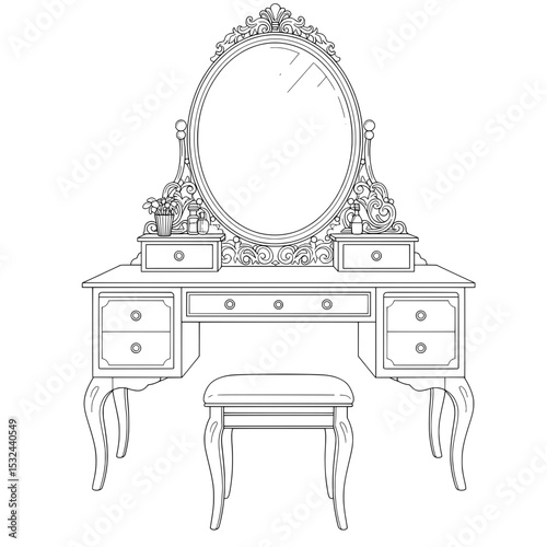 Ornate vanity with an oval mirror and delicate floral details, line art design
