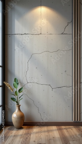 Modern Interior with Cracked Wall and Plant Accent