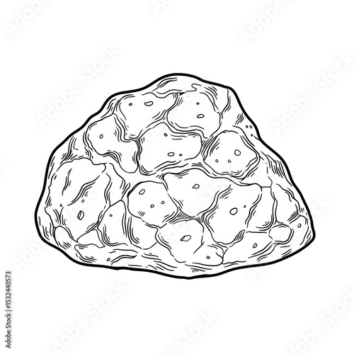 Detailed illustration of an irregular boulder with many rounded shapes and hatchings