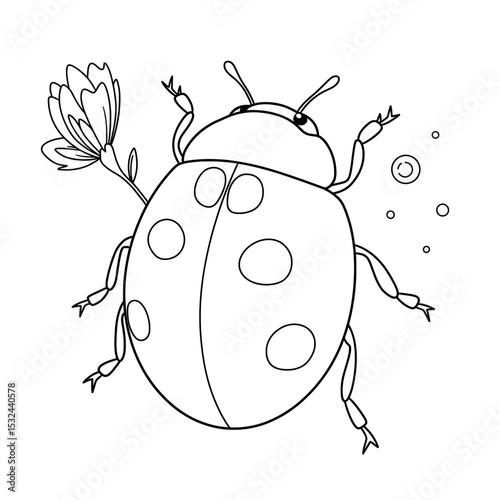 Outlined drawing of a ladybug holding a flower with bubbles around it on white