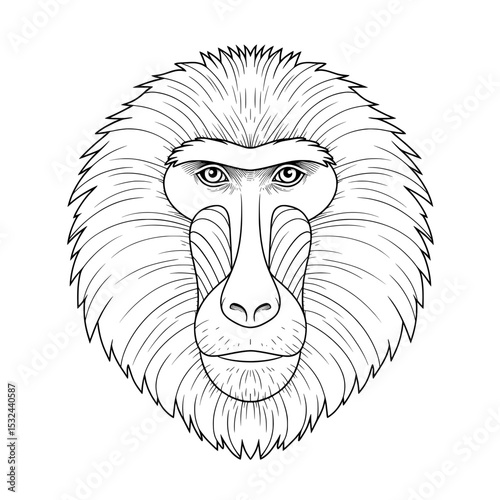 Detailed line art of a primate face with focused eyes, ridges, and a dense mane on white paper