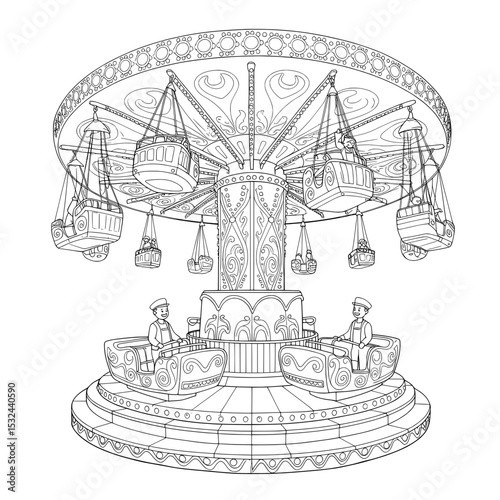 Line art carousel with people and staff at the base, ready to go round and round