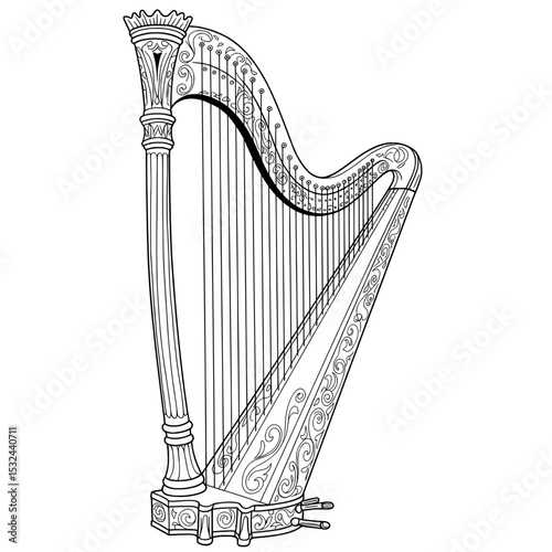 Elegant, monochrome harp with detailed decoration and multiple tuning pins on white