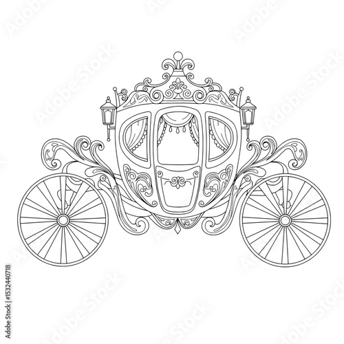 Ornate black & white drawing of an elegant carriage with detailed decorative swirls