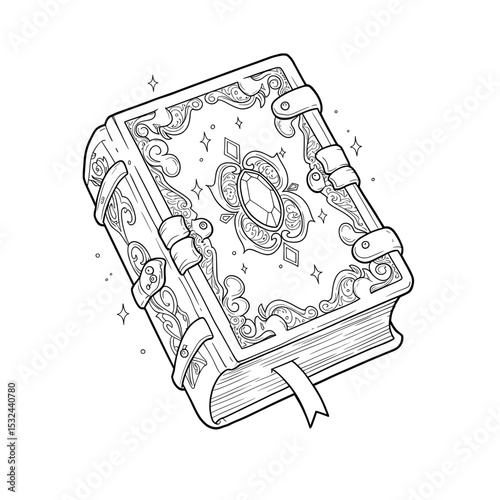 Ornate Book Detailed line art of an old book with a gem, swirls, stars, clasps