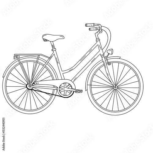 The outline of a bicycle with rack, fenders, seat, handlebars and lamp. Chain is visible