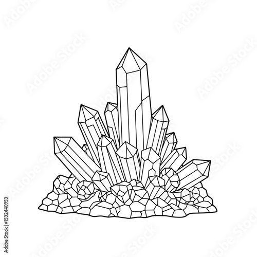 Crystal Formation Line art of many crystals with pointed tips. Black and white illustration