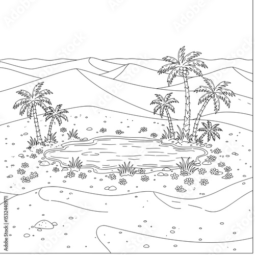 Desert oasis with water, sand dunes, trees, flora, and stones; black and white line art