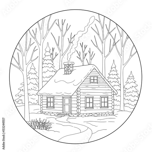 Winter cabin scene surrounded by bare trees and firs, with chimney smoke