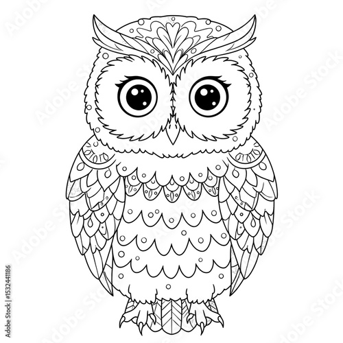 Ornate owl illustration with floral patterns, ready for coloring, with big, captivating eyes
