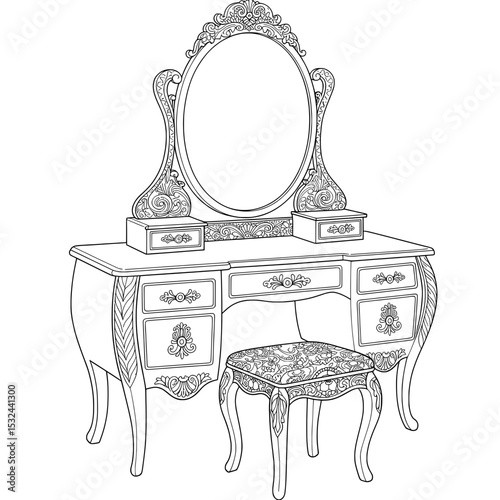 Elegant vanity table with ornate mirror and drawers, designed in a monochrome line art style
