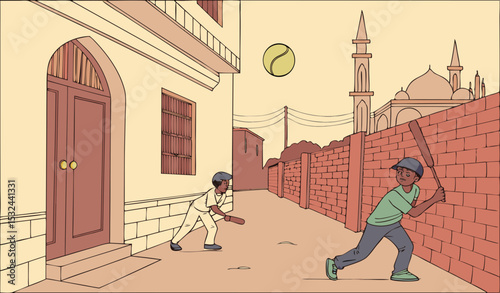 boys playing cricket in a narrow street of Lahore/Karachi during golden hour, tennis ball in motion, wicket made of bricks, cultural urban background, candid moment."