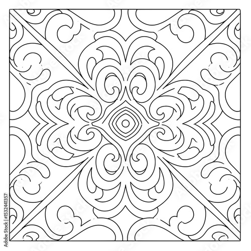 Swirl Design  Pattern features detailed swirls and geometric forms, a classic line art design