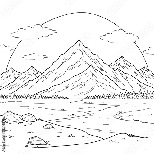 Mountain range drawing with trees and clouds under a sun shape. Coloring book design