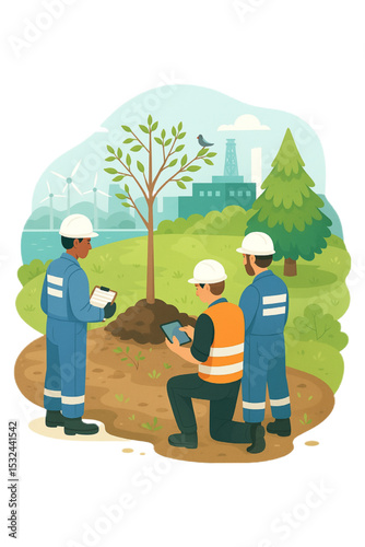 Environmental Engineers Planting a Tree near Wind Turbines and Industrial Plants Promoting Sustainable Development and Green Initiatives