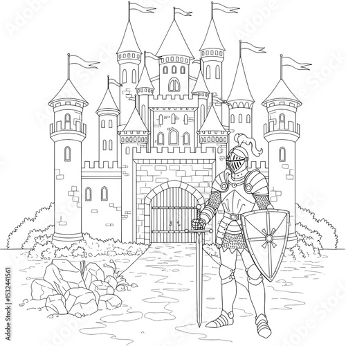 Outlined knight in front of a detailed castle with towers, flags, and a gated entrance