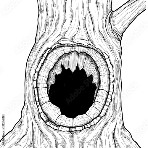 Tree Hollow A hollow tree in black and white line art with a dark, cavernous opening