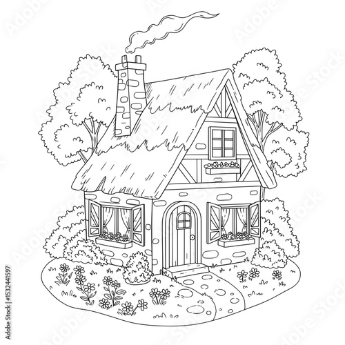 Cartoon illustration of a small cottage house with a smoking chimney and surrounded by trees