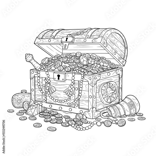 Overflowing treasure chest with coins, jewels, & pearl necklace, a classic adventure scene