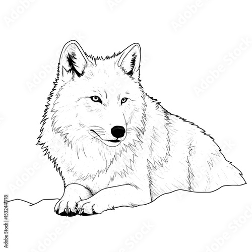Black and white lined drawing of a wolf head with detailed fur and sharp, attentive eyes
