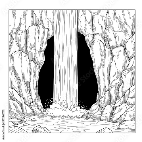 Waterfall scene with rock cliffs and cave entrance, manga-style art