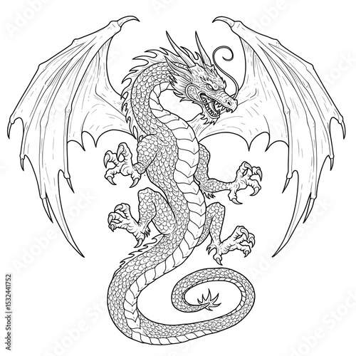Detailed ink sketch of a dragon with open wings, claws, and ferocious expression