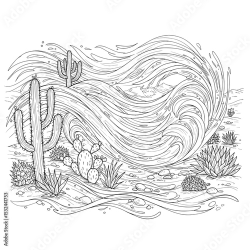 Black and white drawing of desert plants and wind
