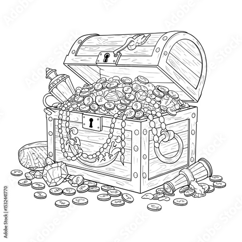 An open treasure chest overflowing with coins, beads, & a lamp. Black and white sketch