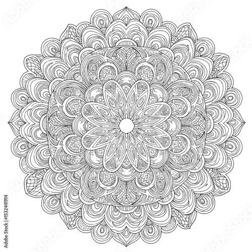Symmetrical floral pattern in black & white; mandala-like design with petal & swirl details