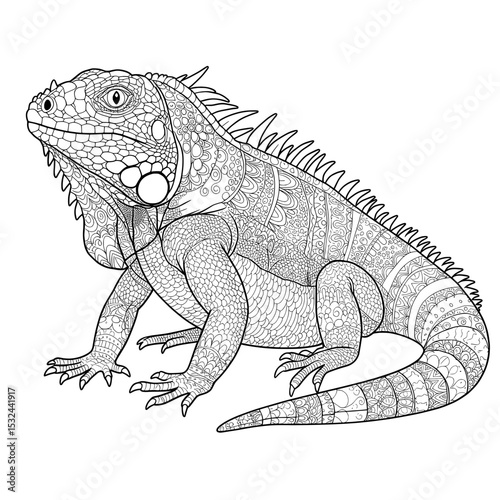 Intricate iguana design with scaled skin, detailed pattern, and spiky back on a blank backdrop