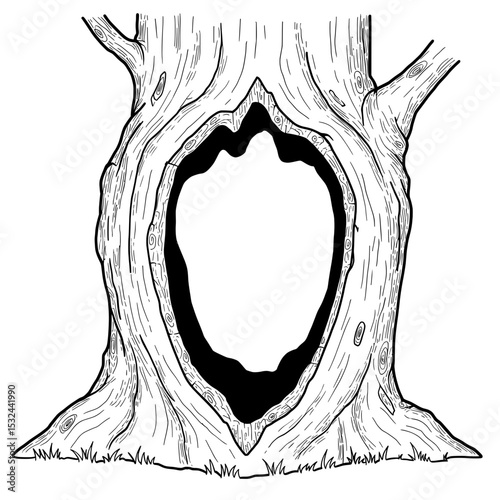 Detailed black and white sketch of a tree trunk, displaying a large hollow within it