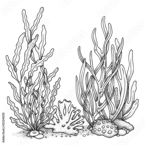 Two seaweed clusters, one wavy and one straight, in black and white line art