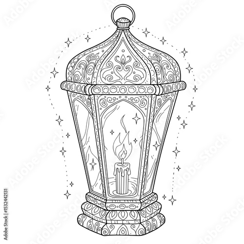 Ornate lantern is drawn in black and white with flame, star, and swirl details