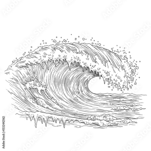 Ocean wave crests, white foamy water illustrated with detailed black line work